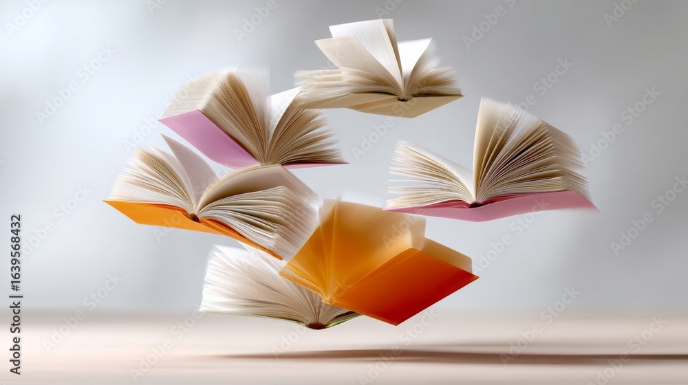 Poster group of open books flying through the air. the books are of various sizes and colors, creating a se