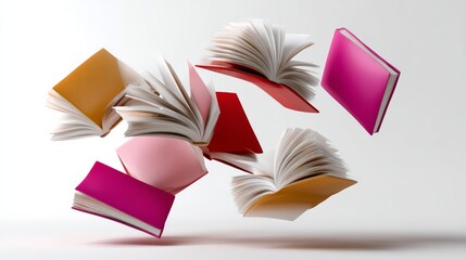 Book with its pages open and flying in the air. The book is pink and orange. The book is open to a page with a picture of a person