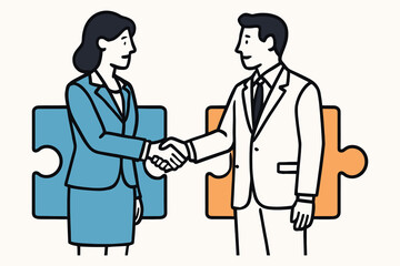 Business partners shaking hands with puzzle pieces symbolizing partnership and collaboration