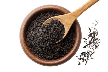 Wooden spoon scooping loose black tea leaves from bowl isolated on transparent background