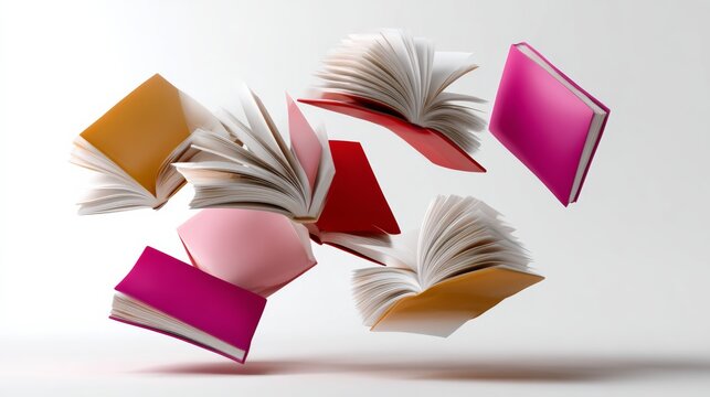 Book with its pages open and flying in the air. The book is pink and orange. The book is open to a page with a picture of a person