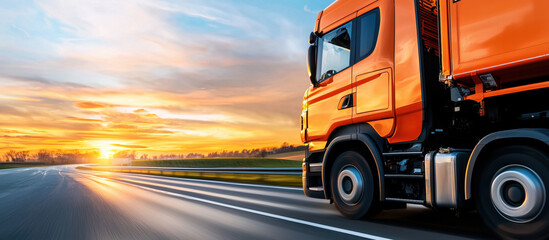 Orange truck driving fast on highway at sunset