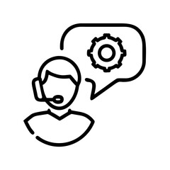 Line drawing of support agent with gear in speech bubble