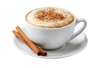Fototapeta premium Delicious cappuccino with cinnamon and cinnamon sticks isolated on transparent background