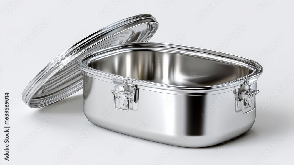 Poster silver container with a lid sits on a white background. the lid is open, revealing the container's c