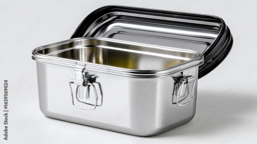 Poster silver container with a black lid is open. the container is sitting on a white surface
