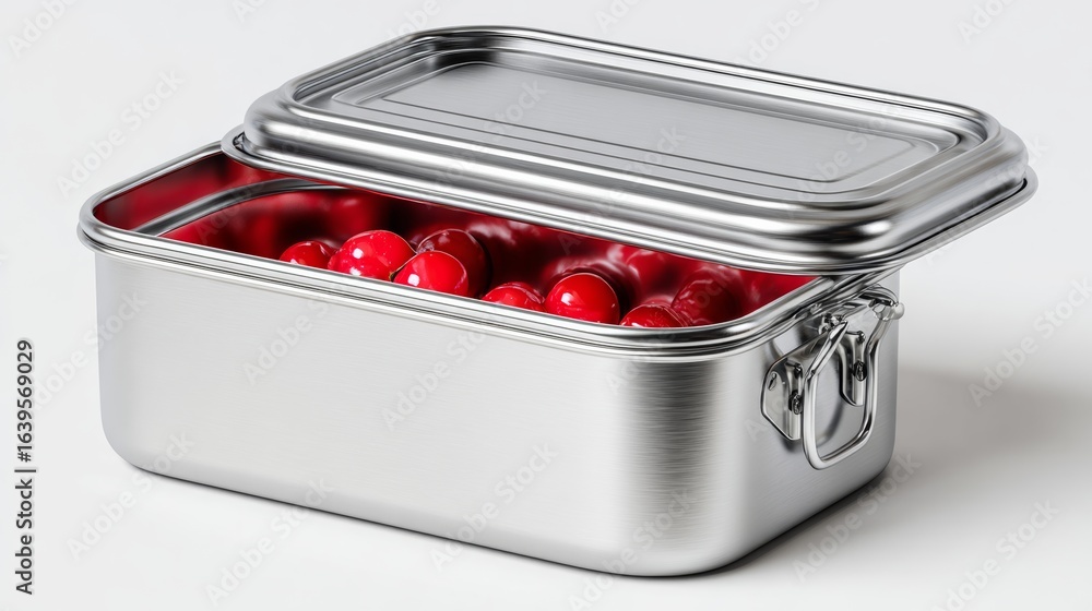 Poster silver container with a lid and red berries inside. the container is open and the berries are visibl