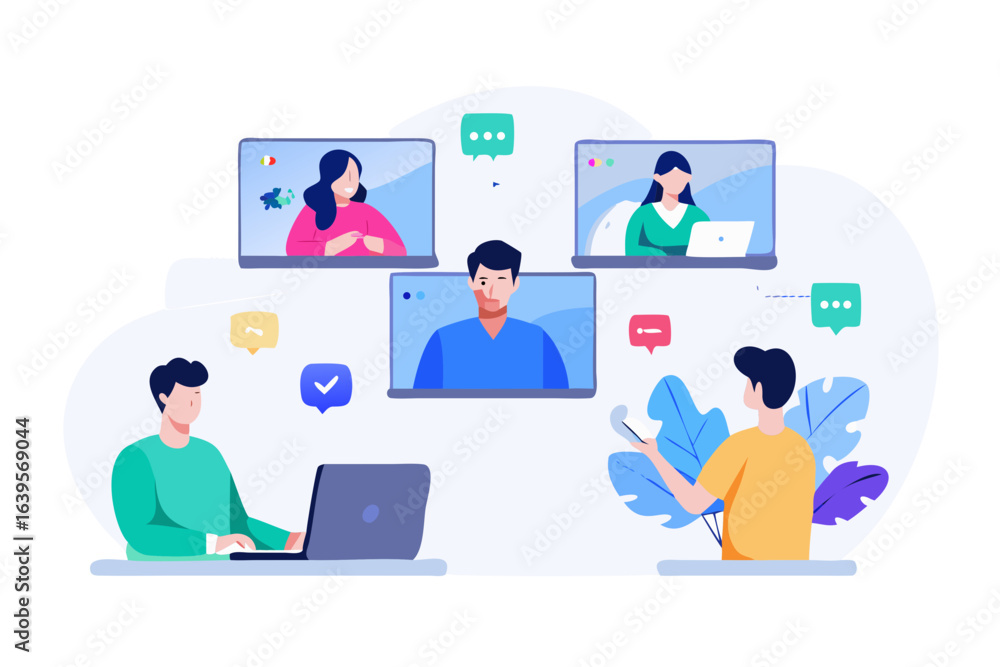 Poster diverse team collaborating remotely using video conferencing technology