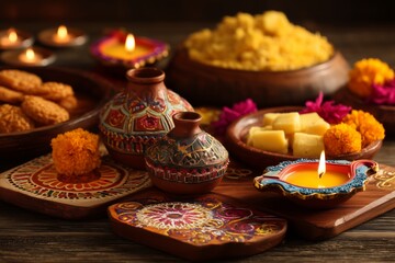 Naklejka premium Diwali festival of lights themed flat lay composition on wooden table with decorative oil lamps (diyas), colorful rangoli powder patterns, marigold flowers, and traditional sweets arranged neatly. 
