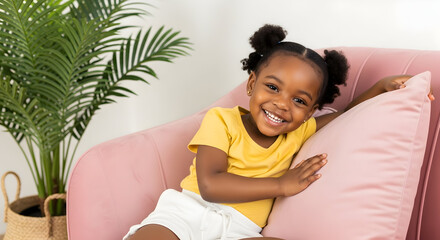 Happy African American girl smiling playfully on pink sofa indoor joyful childhood innocence home comfort family happiness cute kid adorable child playful expression positive emotions