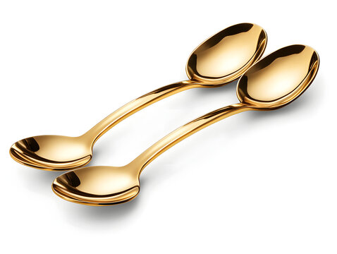Gold teaspoons arranged on white surface