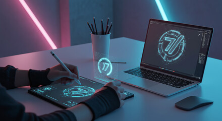 A person designing a futuristic logo on a digital tablet and laptop, illuminated by vibrant neon lights in a modern workspace.