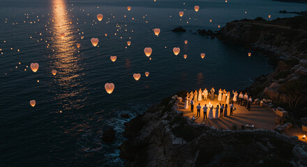 A breathtaking night scene with numerous glowing lanterns floating over the ocean near a rocky coast, where a group of people gather in an illuminated circle on a cliffside platform.