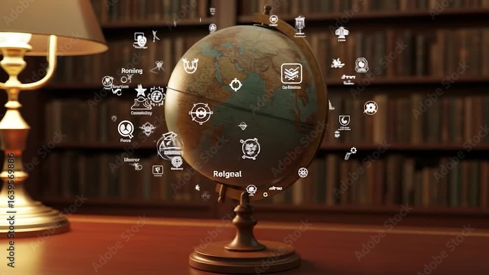 Poster globe with augmented reality icons in library setting video