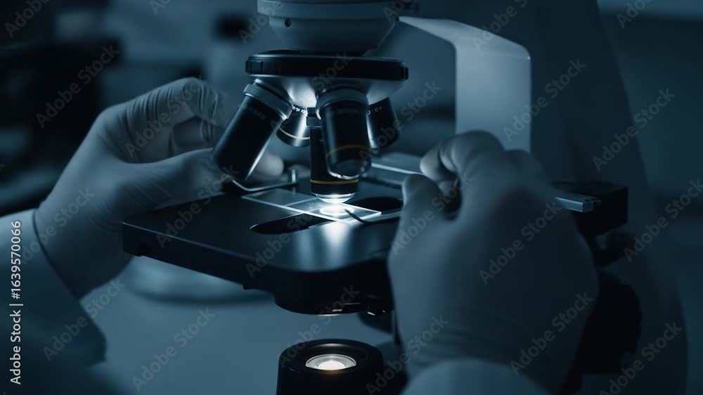 Poster gloved hands adjusting microscope slide in laboratory setting for scientific research
