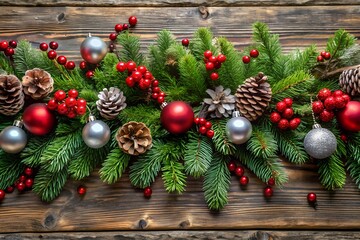 Christmas garland of fir branches, pine cones, red and silver ornaments, and red berries on a rustic wooden background, creating a festive holiday atmosphere
