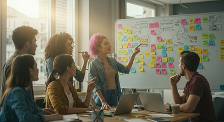 A diverse team of professionals brainstorming ideas on a whiteboard covered with sticky notes during a collaborative meeting in a modern office.