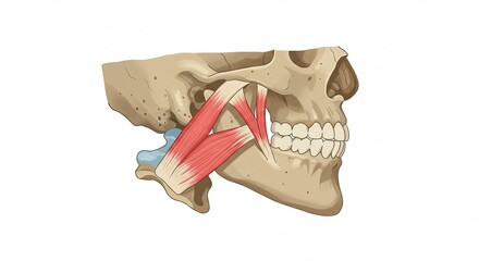 Anatomical Skull Showing Jaw Joint Muscles Against White Background
