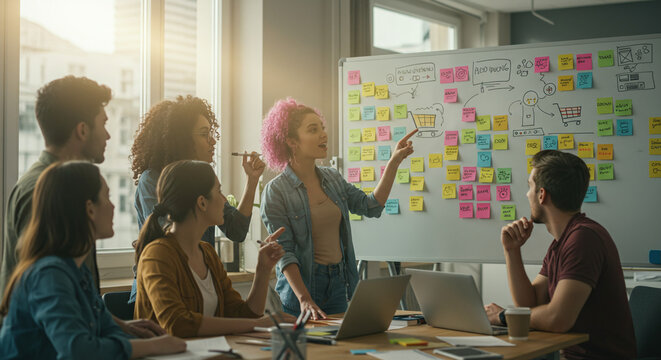 A diverse team of professionals brainstorming ideas on a whiteboard covered with sticky notes during a collaborative meeting in a modern office.