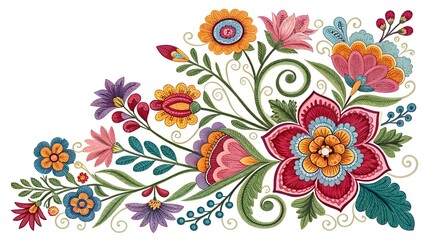 Embroidered floral  colorful design with corners on white background , a copy space image 
