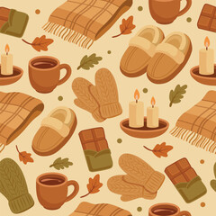 Beautiful autumn seamless vector pattern with warm slippers, blanket, cocoa, chocolate, candles, on a delicate beige background. Ideal for packaging, fabric, prints, cards, wallpapers