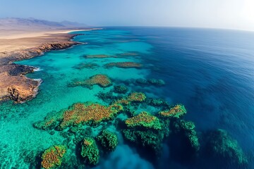 Naklejka premium High-resolution aerial shot of the vibrant coral reefs off the coast of Fuerteventura, teeming with marine life in the Atlantic waters