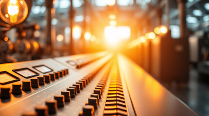 Industrial control panel with buttons, switches, and colorful wiring in a factory setting. Modern manufacturing automation.