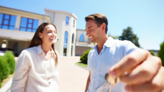 Happy couple of homeowners showing keys to their new house. A real estate concept of buying property. 4K video footage.