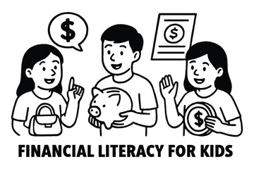 Children learning about money and saving with a piggy bank and coins