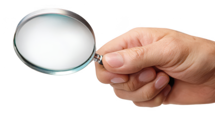 a hand holding a magnifying glass, png, transparent