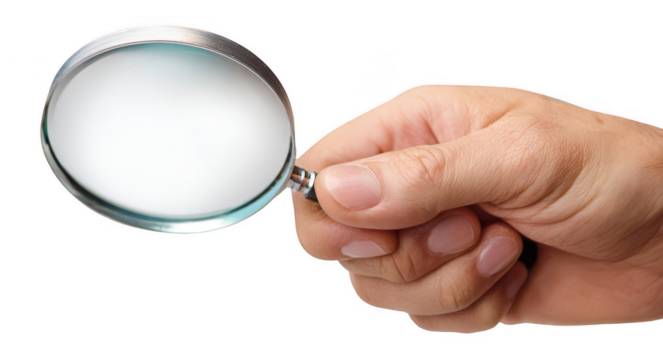 a hand holding a magnifying glass, png, transparent