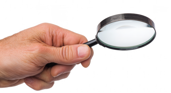 a hand holding a magnifying glass, png, transparent