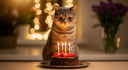 Adorable Grey Cat Celebrates Birthday with Delicious Chocolate Cake and Candles Festive Cozy Home Atmosphere Perfect for Cards Invitations and Pet Themed Designs