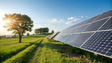 solar panels on a green field