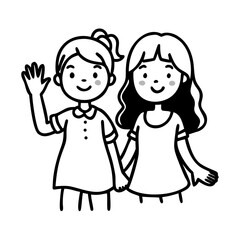 Two happy girls waving vector illustration black and white line art drawing friendship and greeting design