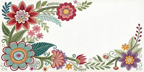 Embroidered floral colorful  corners blank center left for copy space 