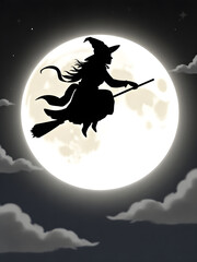 A vertical Halloween illustration of a witch silhouette on a broom, flying in front of a bright full moon with clouds and stars.