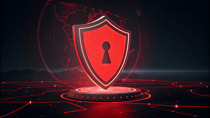 Red shield with keyhole for digital cybersecurity 