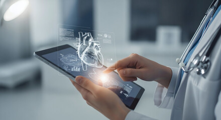 A medical professional uses a digital tablet to view a holographic 3D human heart model, showcasing advanced healthcare technology.