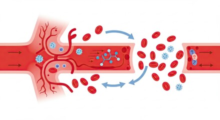 Red Blood Flow Illustrating Coagulation Process in Vessels