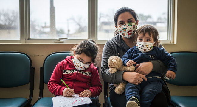 Mother and two children wearing patterned face masks in a waiting room, with one child drawing while the mother holds the baby.