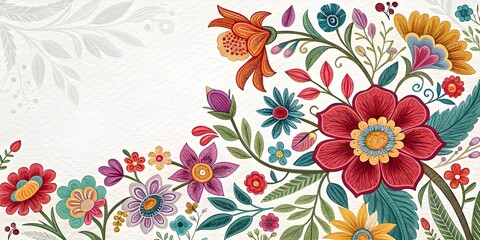 Embroidered floral colorful  corners blank center left for copy space 