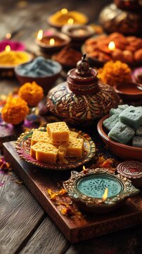 Diwali festival of lights themed flat lay composition on wooden table with decorative oil lamps (diyas), colorful rangoli powder patterns, marigold flowers, and traditional sweets arranged neatly. 