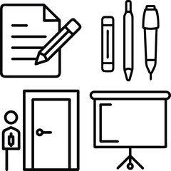 A collection of line art icons representing business activities like writing, presenting, and entering a meeting room.