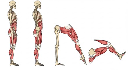 Anatomical Human Skeleton and Muscle Diagram in Different Poses