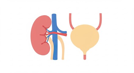Anatomical Pink Kidney and Tan Bladder on White Background