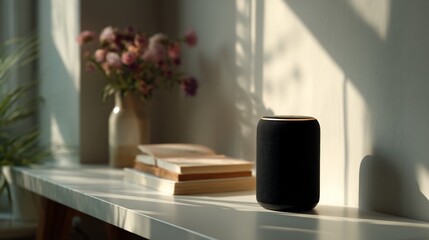 A smart speaker sits on a white ledge next to books and flowers, basking in sunlight
