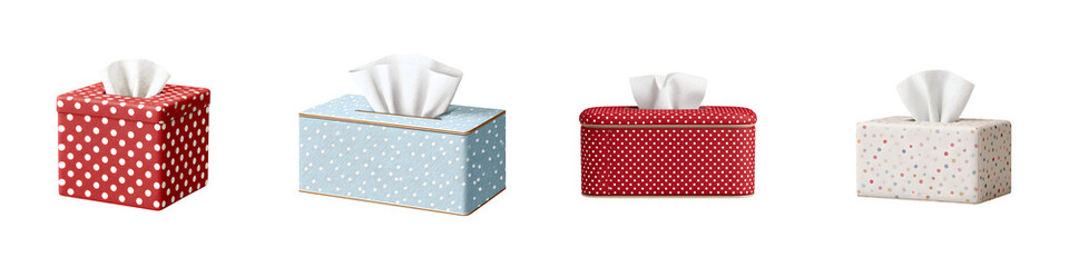 Collection of Patterned Tissue Boxes on White Background
