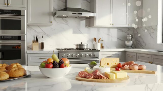 Indoor Kitchen Scene Featuring White Cabinets Marble Countertops with Display of Breads Fruits Cheeses and Kitchen Appliances Under Natural