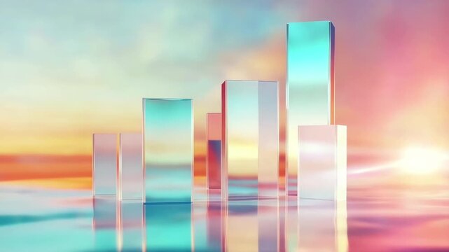 Abstract glass structures rise above a reflective surface, illuminated by a colorful sunset. The scene conveys a sense of modernity and tranquility.